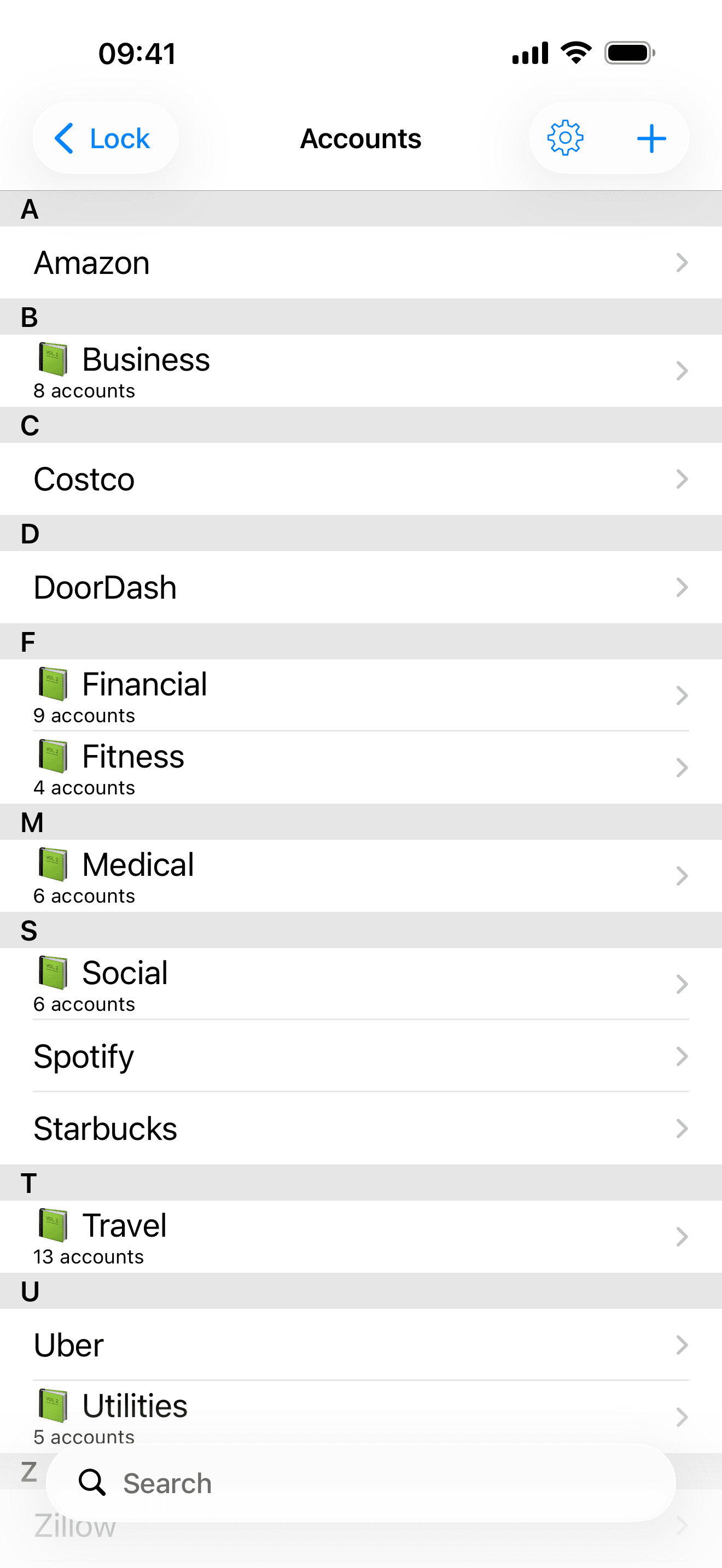 Main account list showing accounts and categories