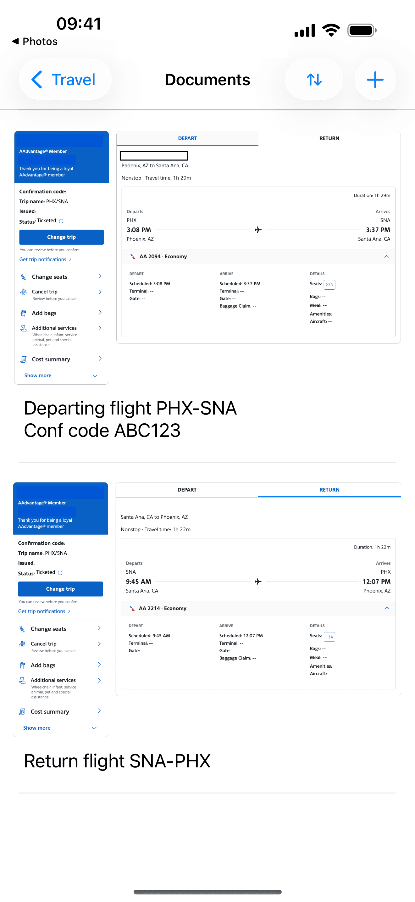 Listing of documents attached to the account